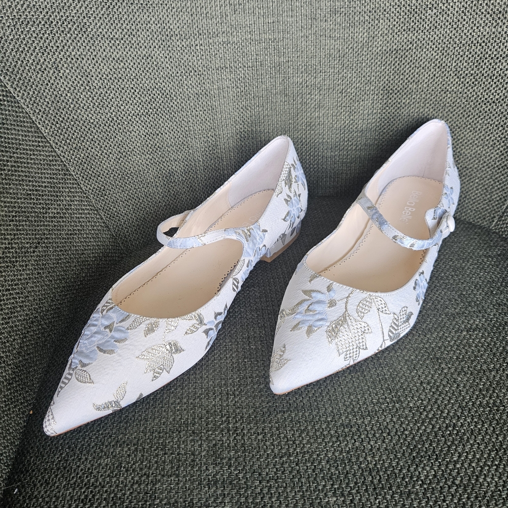 Mary Jane Pointed Toe Flats in White with Silver Floral Embroidery